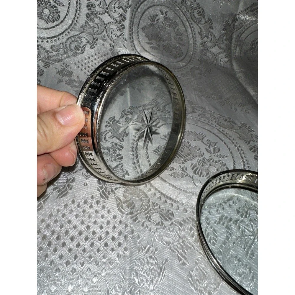 VINTAGE COASTERS WITH PIERCED METAL GALLERY & STAR-CUT GLASS BOTTOM SET OF 2